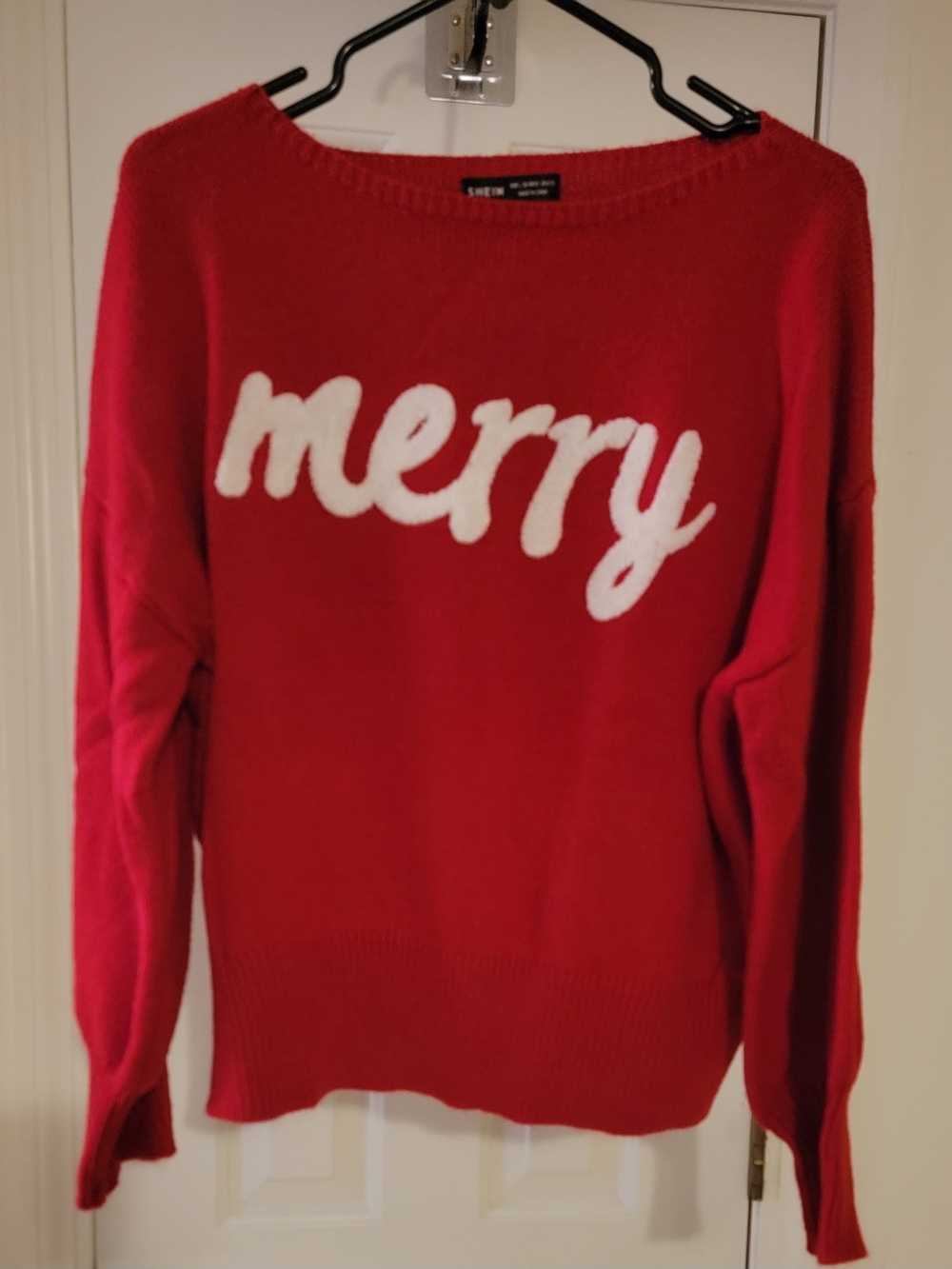 SHEIN Red 'Merry' Crewneck Sweater with White Script